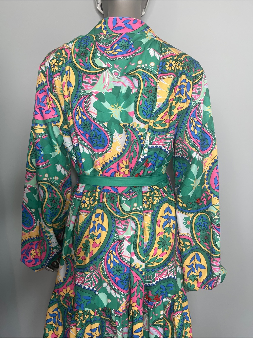 Green Paisley Tie Waist Long Sleeve Dress - Picture 8 of 10